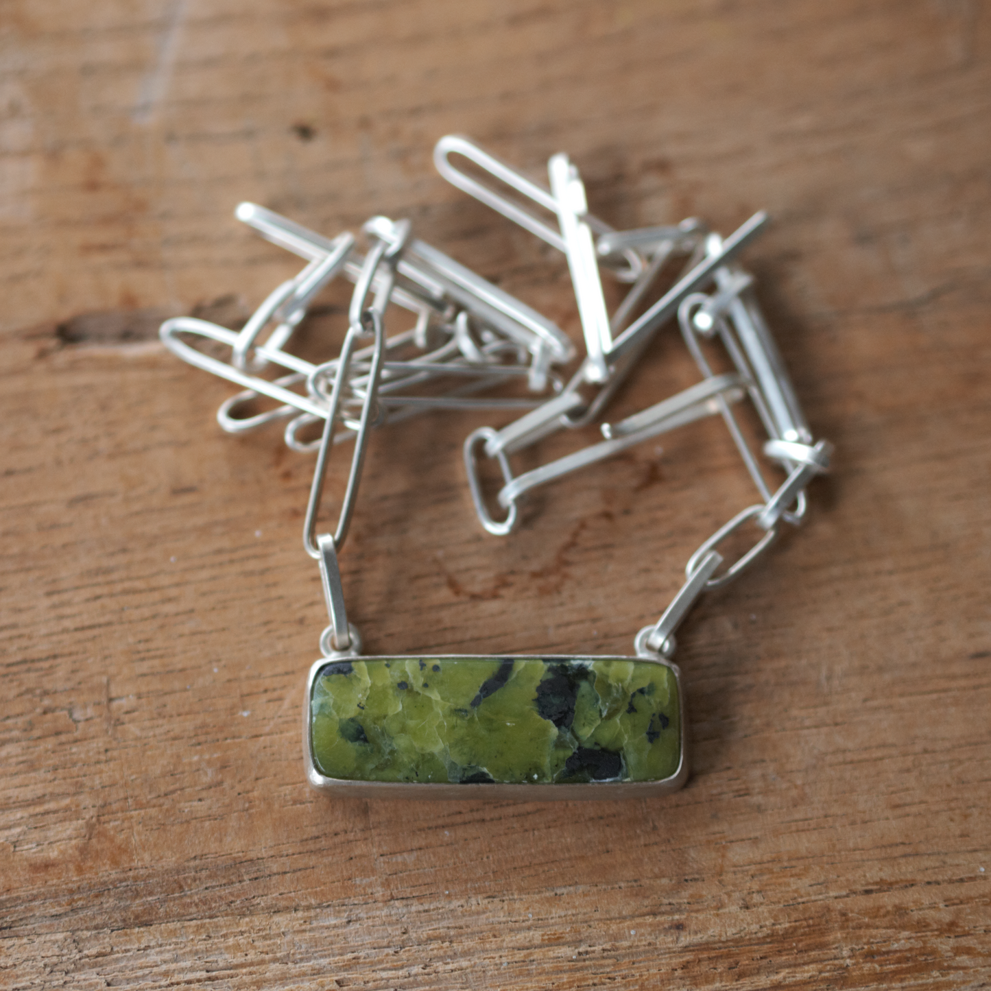 Funky Lizardite Set in Silver with Handmade Chain