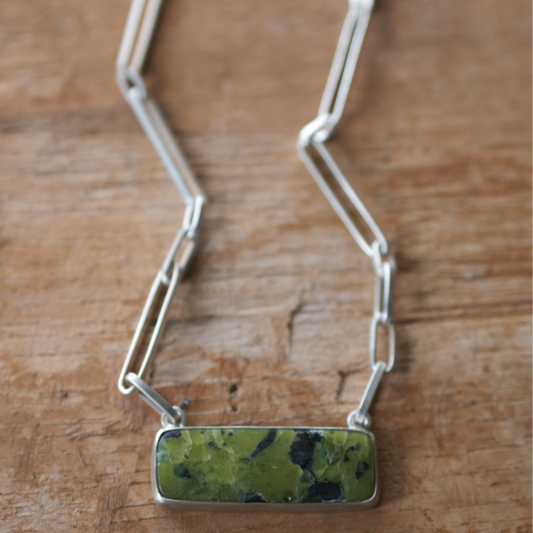 Funky Lizardite Set in Silver with Handmade Chain